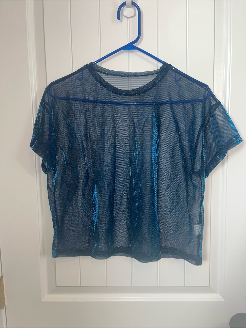 Sheer Metallic Blue Short Sleeve Top